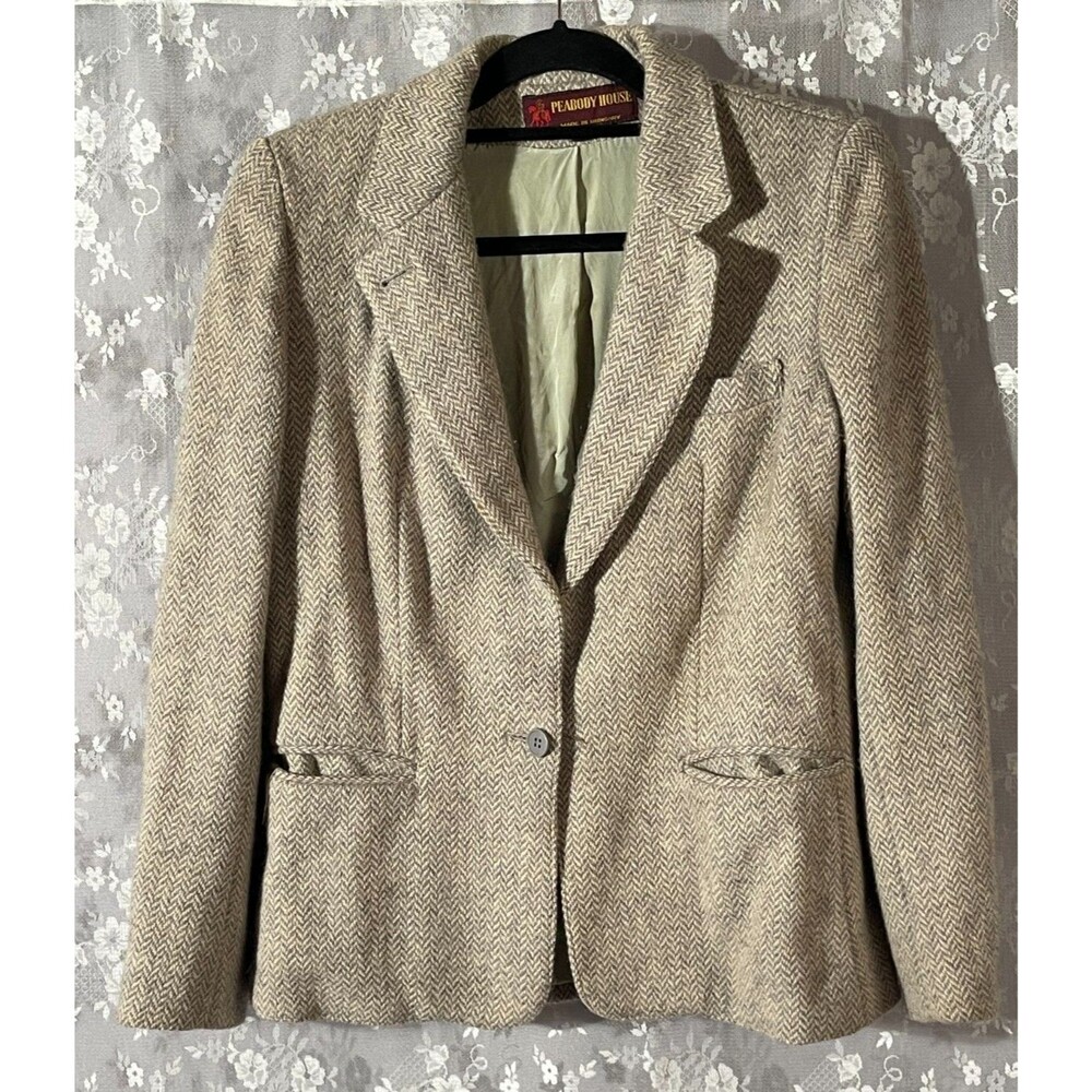 Vintage 70s Gray Beige Herringbone Wool Blazer Size Medium Dark Academia Jacket